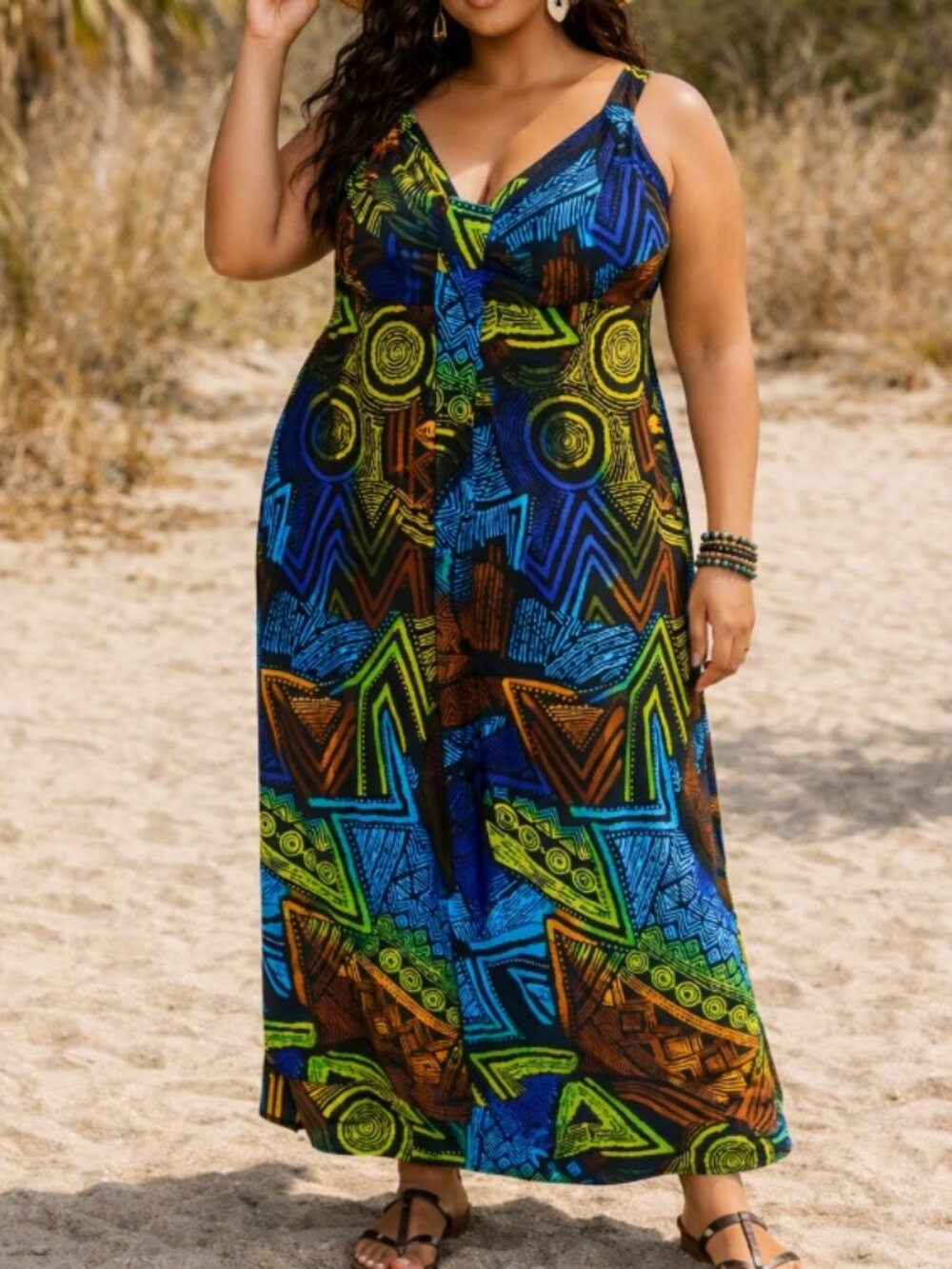 Vintage Antthony Abstract Sleeveless Maxi Dress XL Boho Resort USA Made Blue